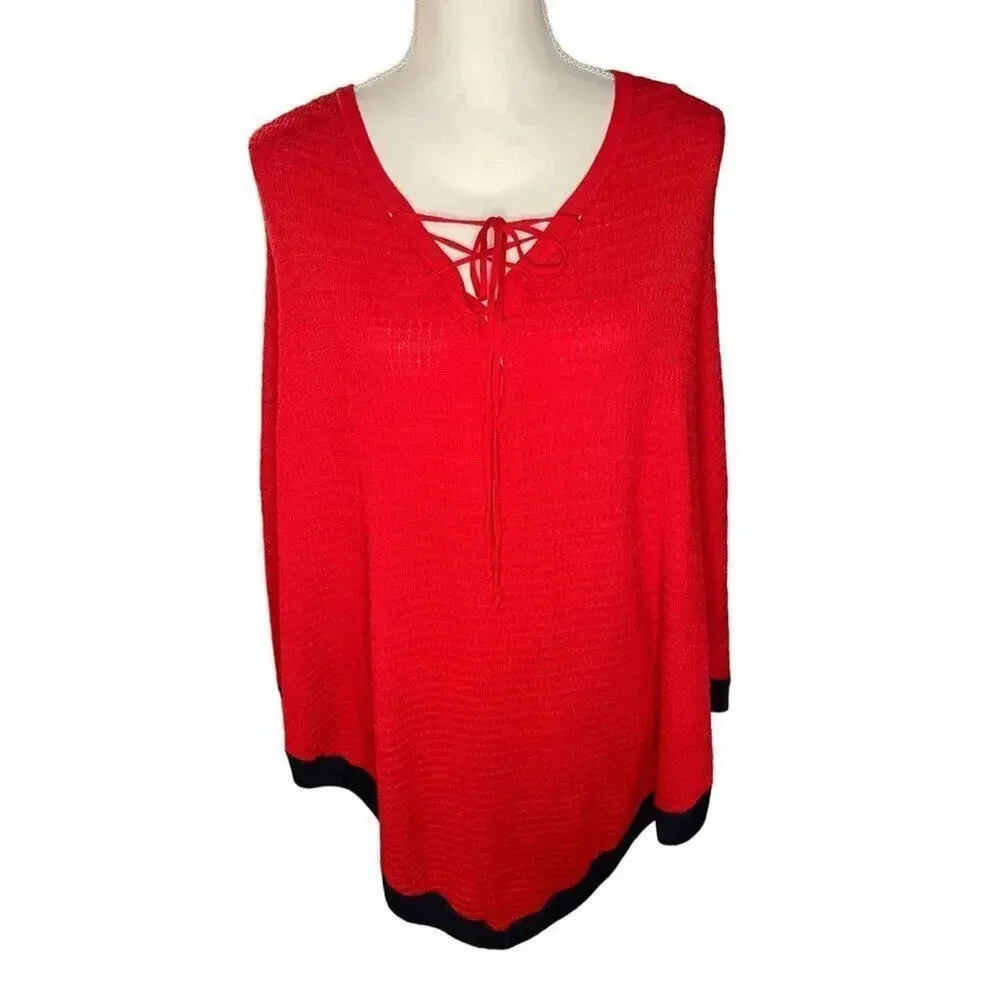 Talbots Women’s Large Red & Black Lace Up Knit Cape Sweater EUC‎